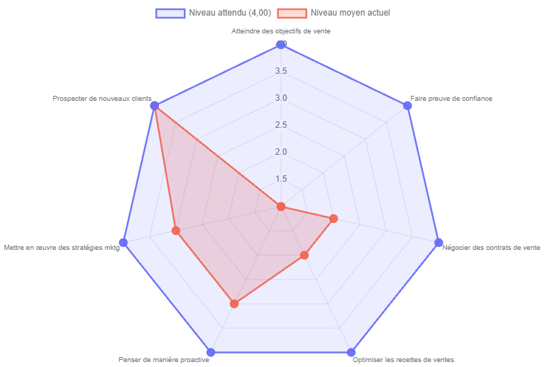 Graphique radar - niveau attendu vs niveau moyen actuel par compétence